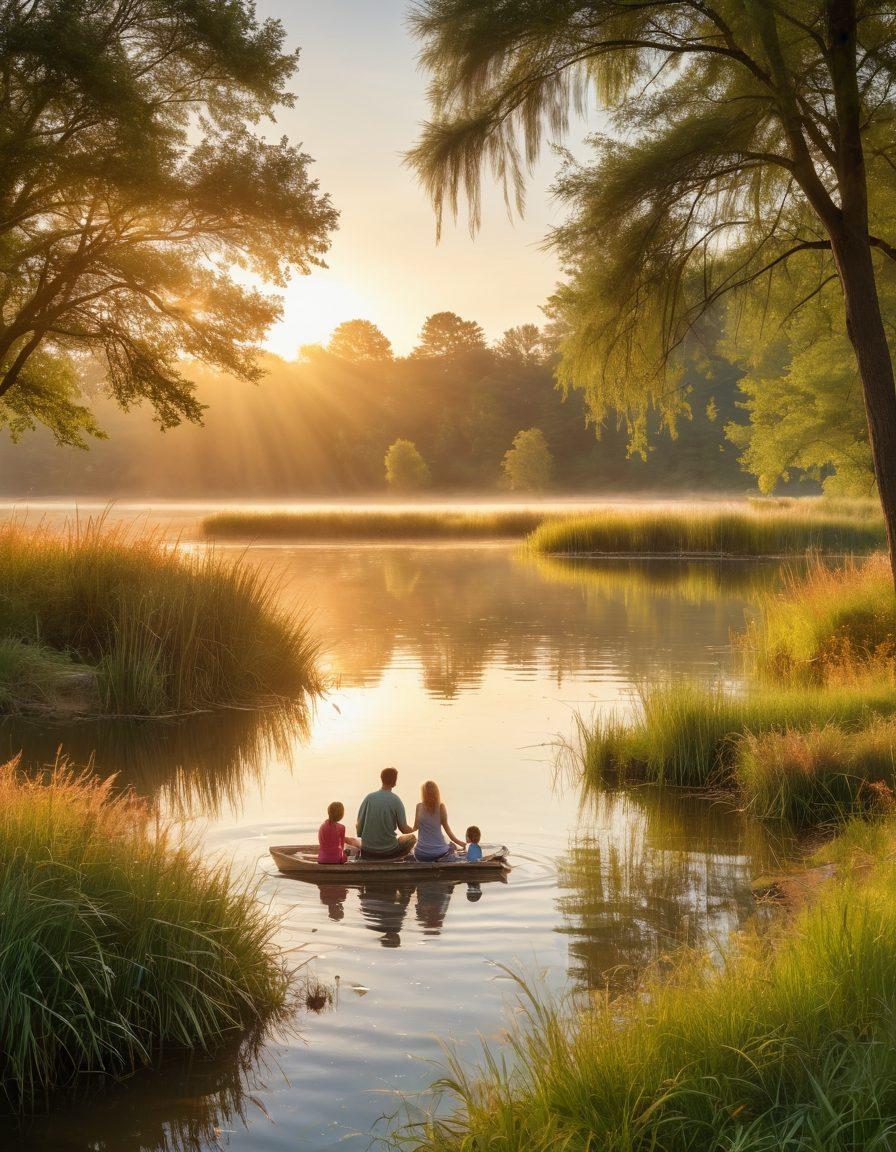 A serene landscape depicting a tranquil sunrise over a peaceful lake, with a family enjoying a picnic on the shore, symbolizing joy and peace of mind. Include soft flowing grasses and a gentle breeze creating ripples on the water, representing the calmness that express insurance brings. The image should radiate warmth and happiness. super-realistic. vibrant colors. soft focus.