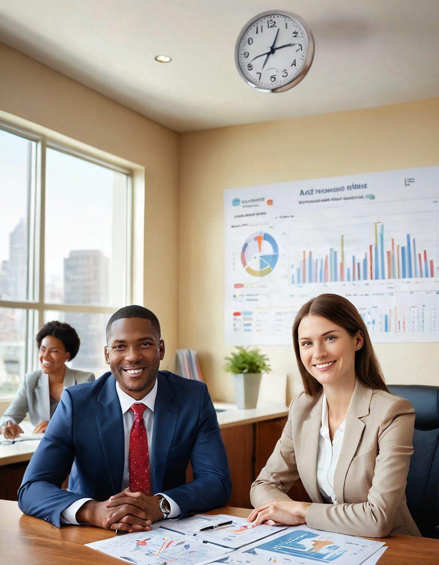 A sleek, modern insurance office with a friendly agent discussing options with a diverse group of smiling clients. In the background, charts and graphs showing cost-effective insurance plans, alongside a clock symbolizing efficiency. Soft, inviting colors to evoke a sense of calm and trust, featuring a sunny window light illuminating the scene. digital illustration. vibrant colors. 3D.