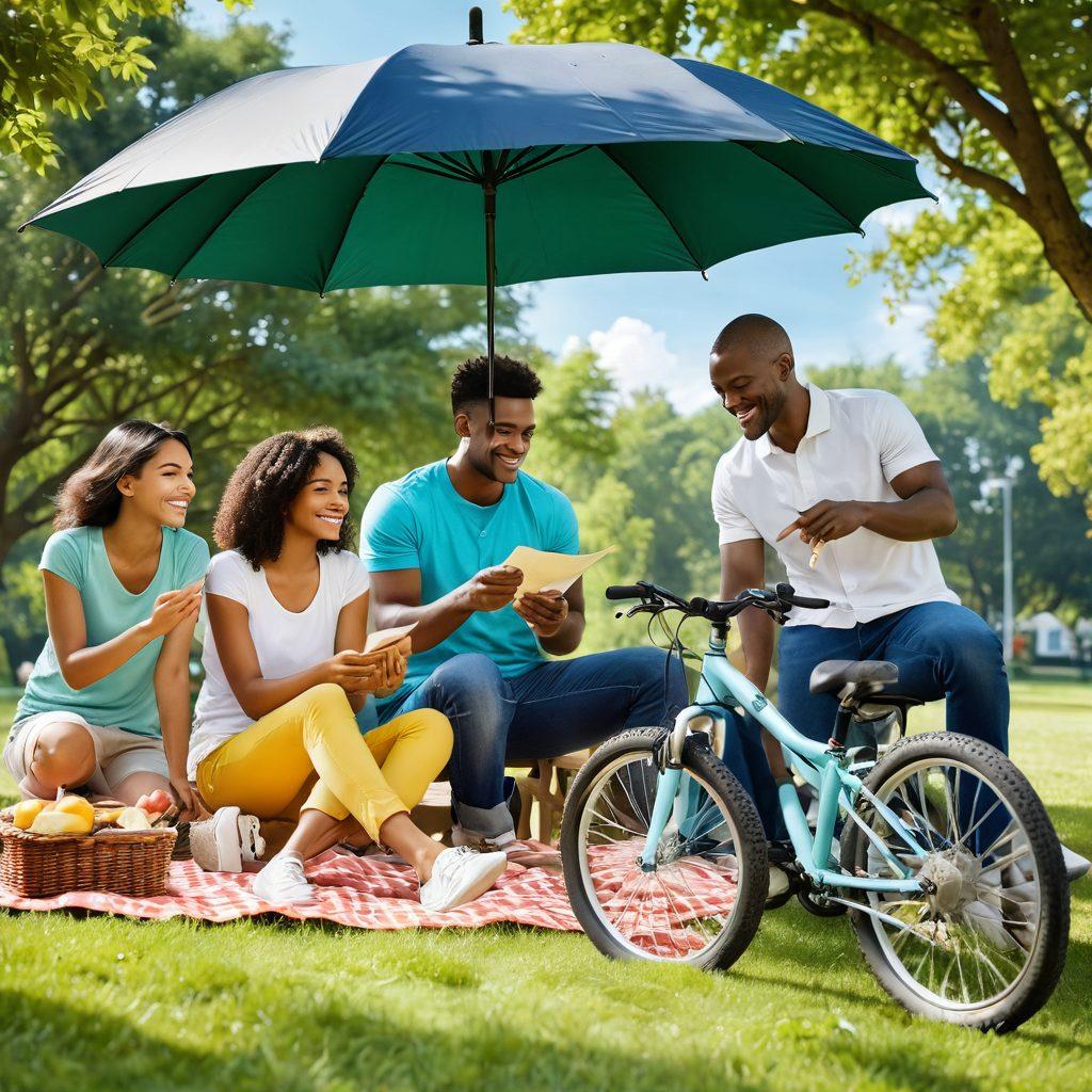 A bright and sunny outdoor scene featuring a diverse group of smiling people enjoying various activities, like biking and picnicking, with an umbrella providing shade. In the background, a happy family is looking at insurance documents with a friendly agent. Include elements representing security and peace of mind, such as gentle clouds and birds flying. The atmosphere is filled with positivity and joy. vibrant colors. super-realistic.